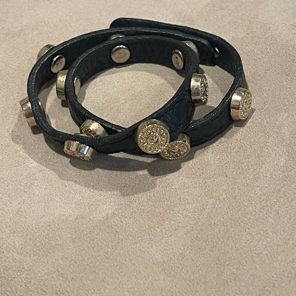 Black and Gold Studded Leather Wrap Bracelet